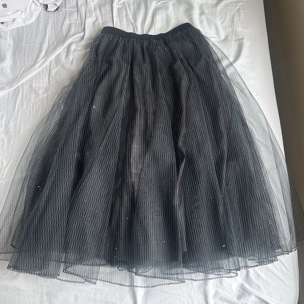 SDEER Black Pleated Midi Tulle Skirt | Shiny mesh skirt | One Size